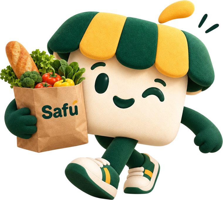 Safú caminando con una bolsa de mercado